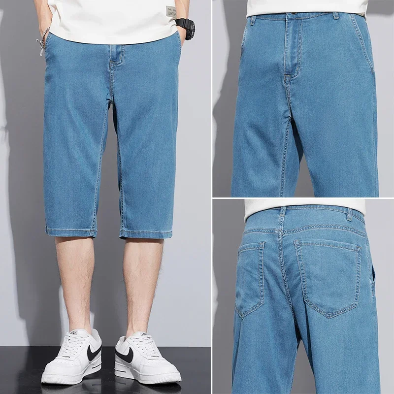 

2024 Summer Thin Men's Denim Shorts Lyocell Fabric Soft Comfortable Straight Casual Baggy Knee Length Short Jeans