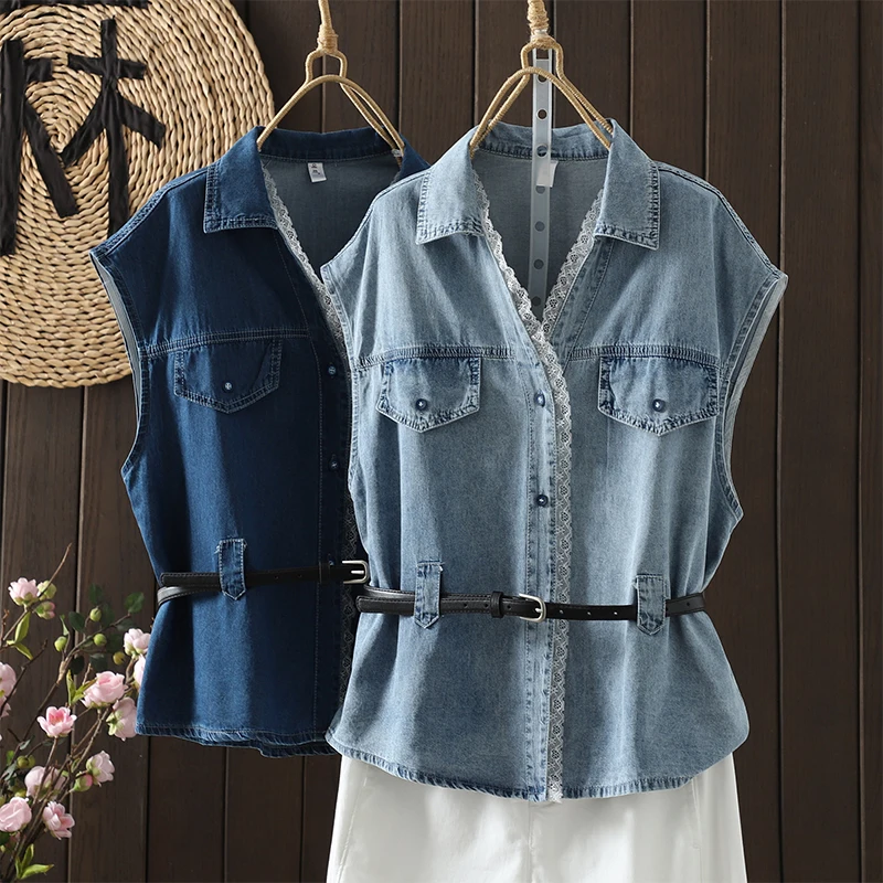 

Loose Lace Denim Vest Top Women's Summer New Style Sleeveless Outerwear Comfortable Fit Fashionable Commute Style Shirt