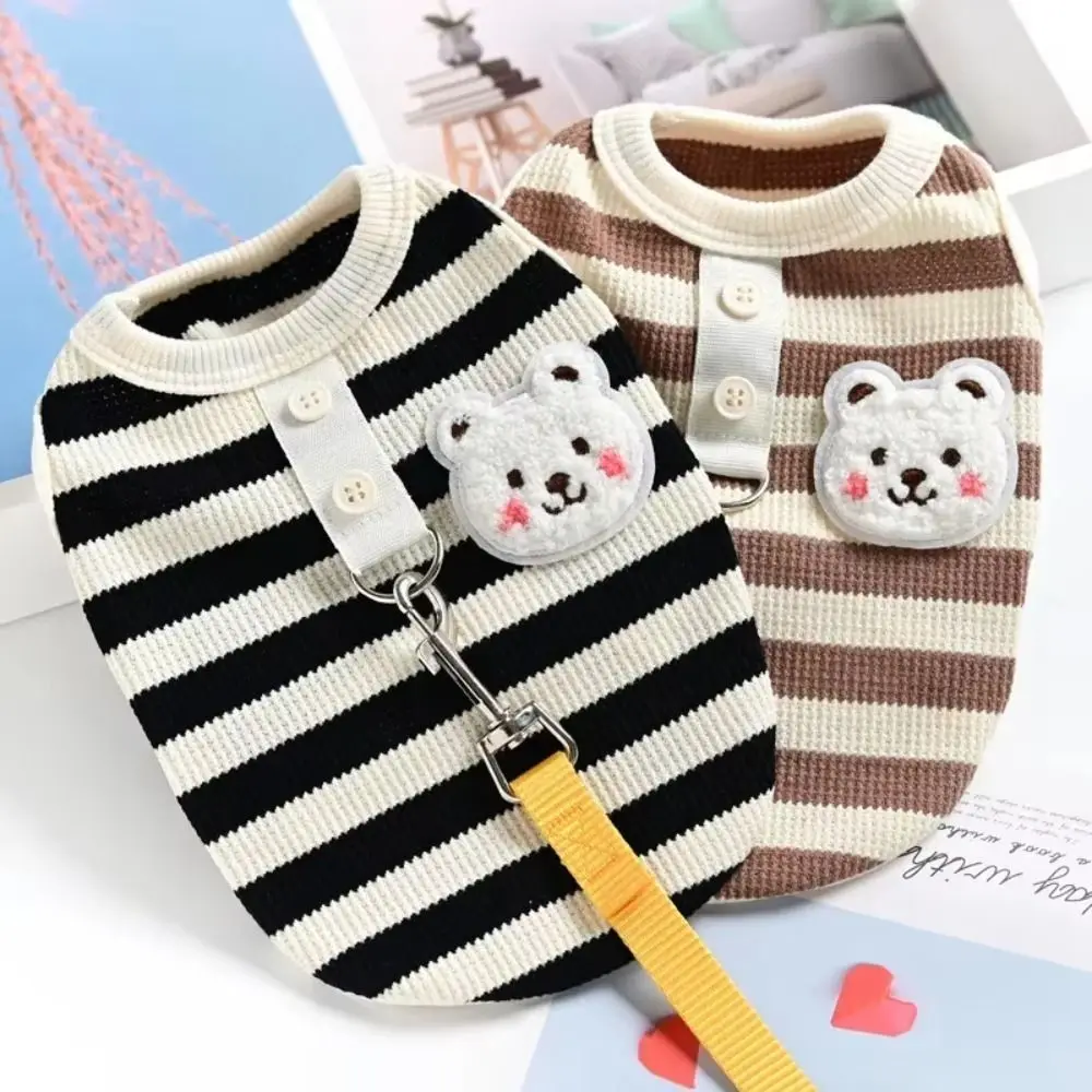 

Traction Vest Cute Pets Dog Clothes Small Bear Print with Leash Dogs Waffle Grid Vest Knitted Thin Cat Striped T-Shirt Chihuahua