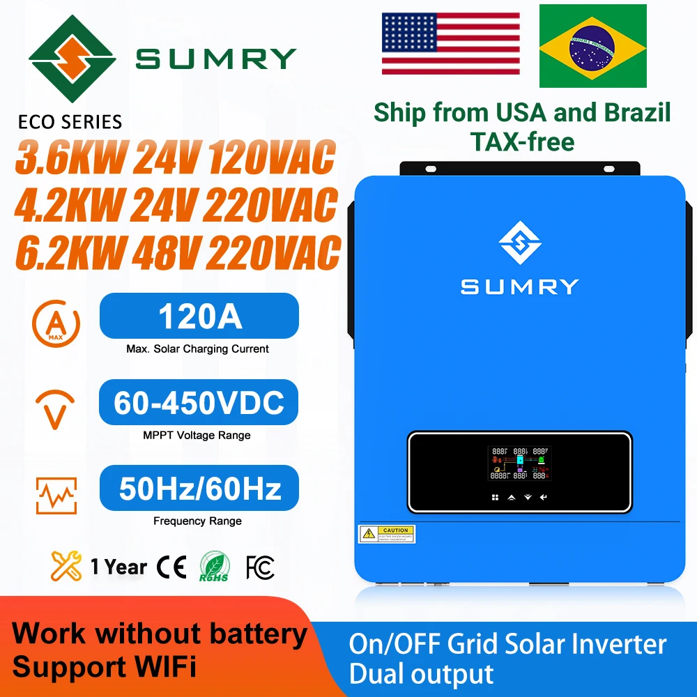 SUMRY 3.6kw 4.2kw 6.2kw ON/off Gird Inversor الشمسية 24 فولت إلى 120VAC 220 فولت موجة جيبية نقية MPPT شاحن بالطاقة الشمسية الهجين العاكس للطاقة الشمسية #1