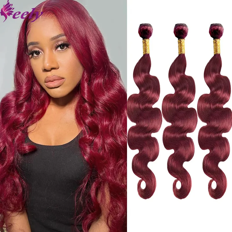 Red Human Hair Bundles Body Wave 99J Human Hair Bundles Brazilian Remy Hair Weaving Extensions Wine Red Bundles For Black Women