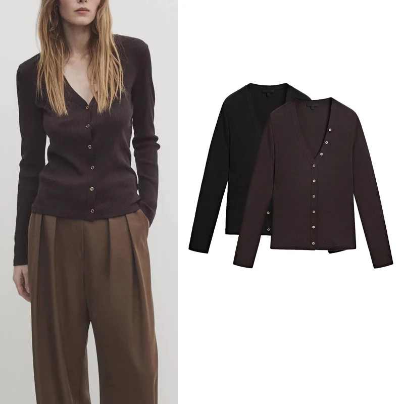 

Длинный вязаный облегающий женский топ с золотыми пуговицами, круглый открытый кардиган стандартной длины, весна 2024, новое поступление