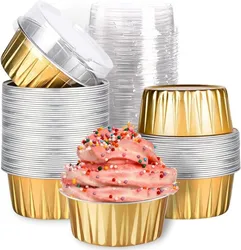 50pcs Aluminum Foil Cupcake Baking Cups with Lids Round Cupcake  Disposable Mini Cake Containers Flan Molds for Pudding, Souffl