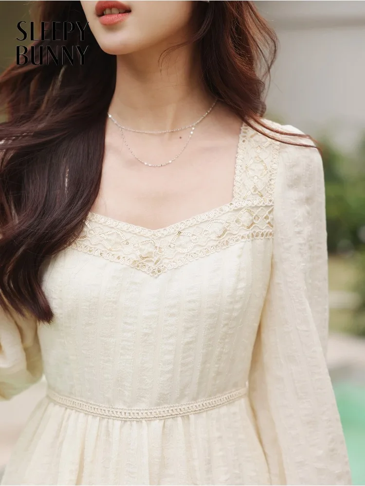 

Elegant Flowy Long Dress Chiffon Maxi Dress Women French Style Square Neck Long Sleeve Slim Waist Loose Cake Gown Spring Wear