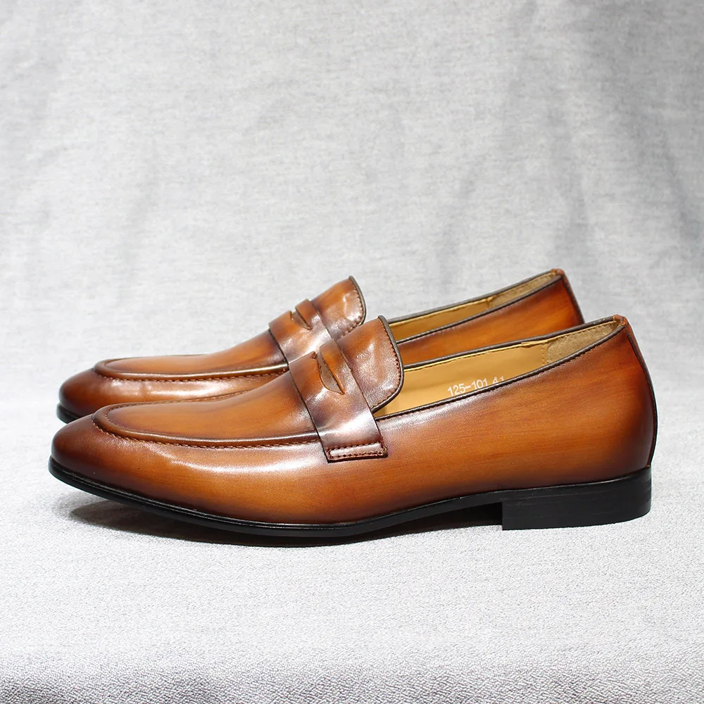 Tamanho 6-13 primavera outono masculino penny loafers couro genuíno pintados à mão deslizamento em sapatos de vestido de casamento masculino sapatos