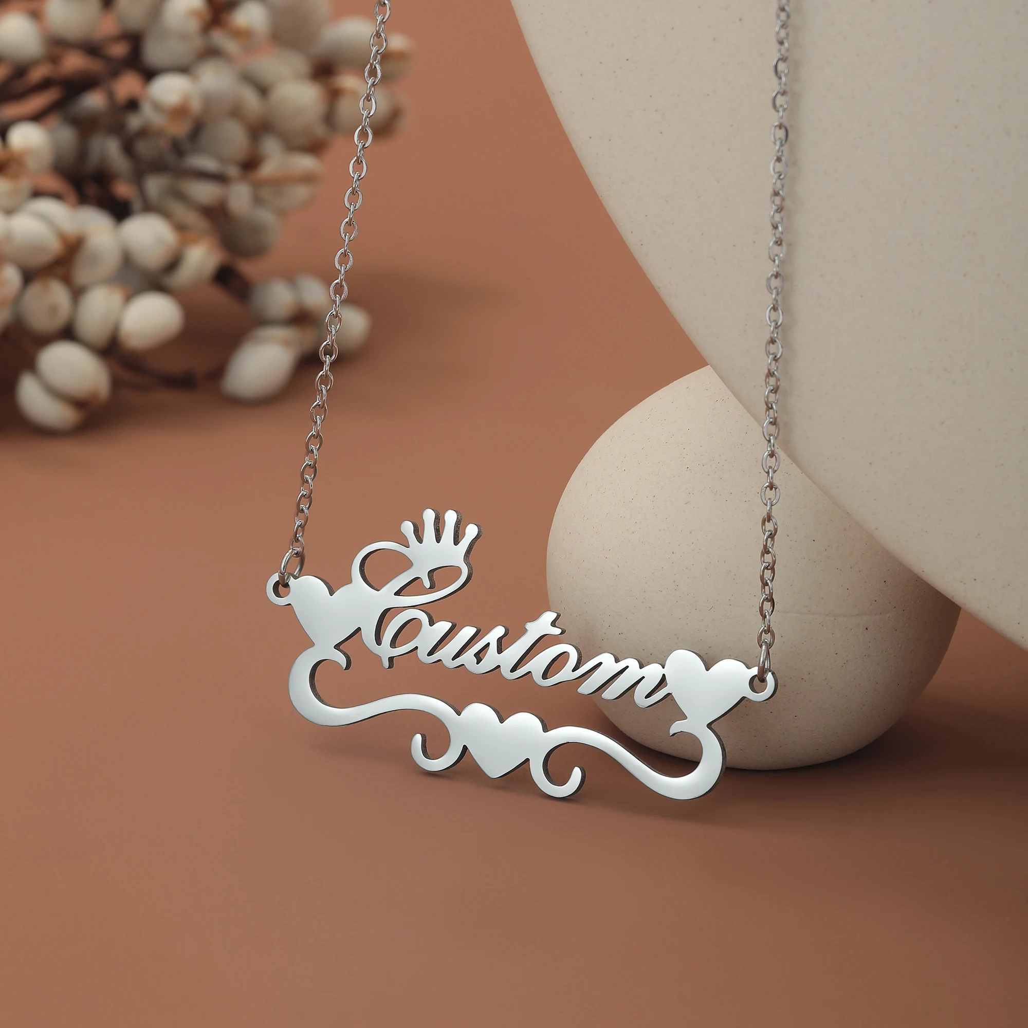 1pcPersonalized Custom Heart Name Necklaces For Women Stainless Steel Crown Pendant Chain Valentine's Day Jewelry Gift image 3