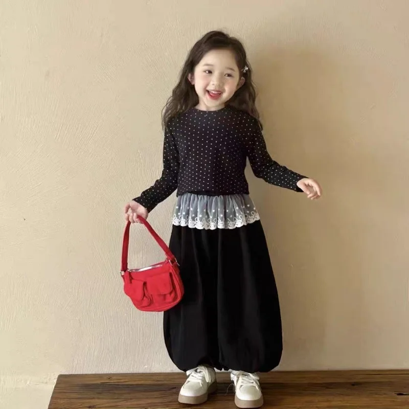 

New Girls' Polka Dot & Lace Two-Piece Set Trendy Baby Spring and Autumn Outfit with Ruffle Hem Top & Wide Leg Boho Chic Style