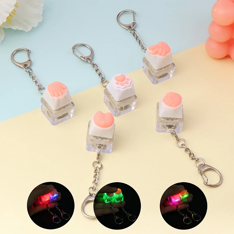 Creative Pink Cat Claw Keycap Mechanical Keyboard Keychain LED Keyboard Keyring Cute Girly Bag Pendant Relief Stress Toys