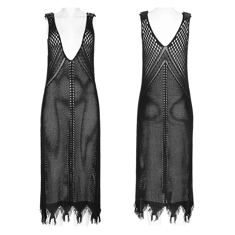 PUNK RAVE Women\'s The Post-apocalyptic Techwear Style Hollow Out Dress Gothic Large V-neck Geometric Raw Edges Hem Vest