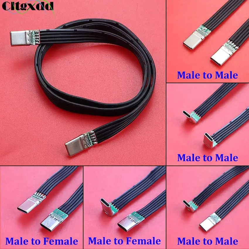 USB 3.1 Type-C Flat Flexible Cable 40K 60Hz Type C Male to Male/Female Data L-shaped Elbow Right Angle DIY Flat Silicone Cable