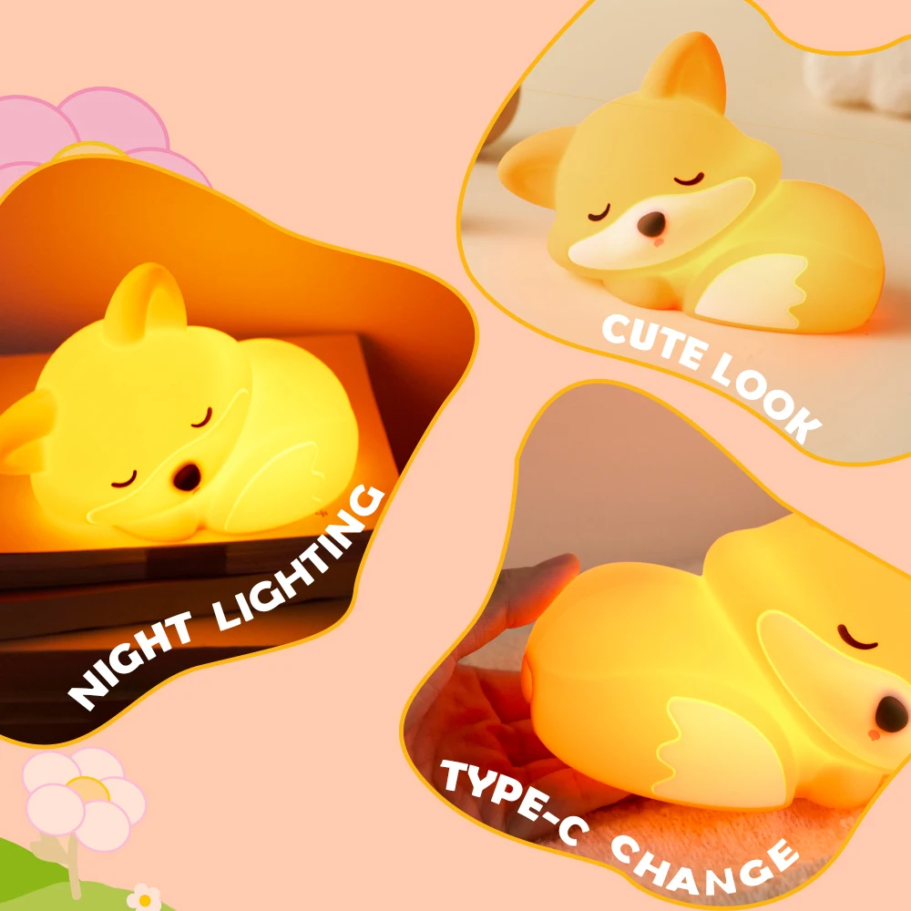 

D5 Silicone Fox Night Light Timing Squishy Nursery Sleeping Nightlight Rechargeable Touch Sensor Bedside Lamp Room Home Decor