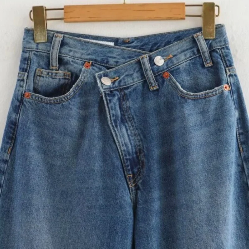 Damskie dwukolorowe, uniwersalne jeansy z wysokim stanem i szerokimi nogawkami, casualowe ubrania streetwearowe.