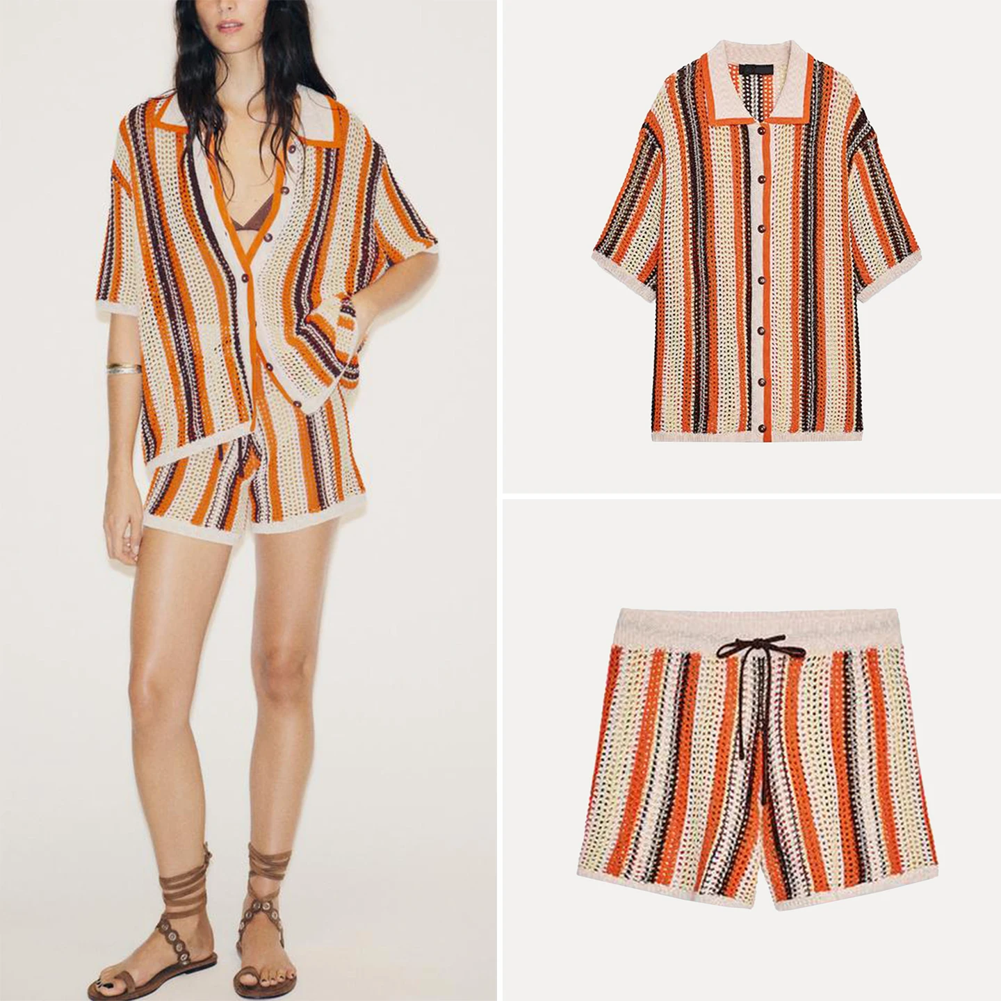 

Женский вязаный комплект Zadata: рубашка-жакет и шорты из дышащего полиэстера, с коротким рукавом, на пуговицах, повседневный, модный