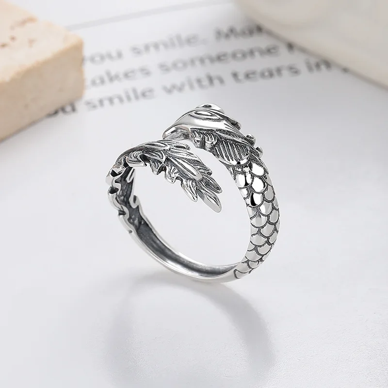 Ethnic Rings Style 925 Silver Man Woman  Vintage Adjustable Dragon And Phoenix