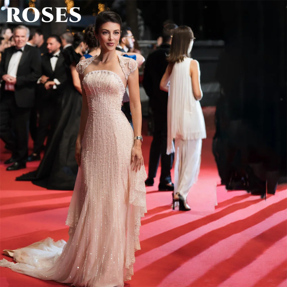 ROSES Blush Pink Evening Dress Off the Shoulder Short Sleeve Party Dresses Beading On Chest Prom Gown robes du soir Customized