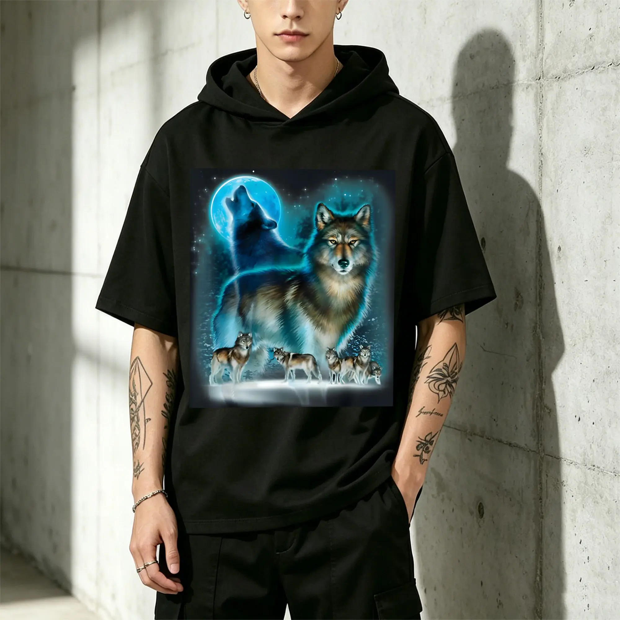 Grdr Men's Fashion Hooded Jacket Wolf Pack Moonlight Night T-Shirt Casual and Comfortable, Fitted Cut