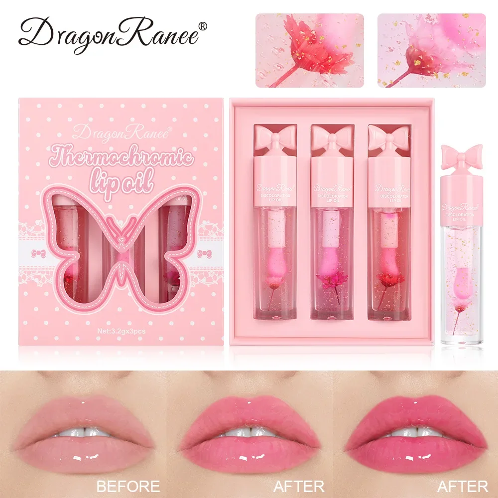 Temperature Changing Flower Petal Lip Oil with Gold Foil Moisturizing Nourishing Long-Lasting Lip Stain Gift Set Butterfly Tie