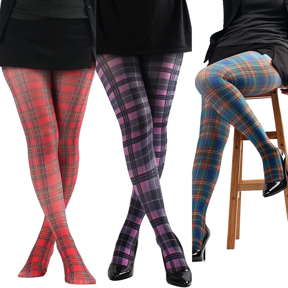 Fashion Women's Classic Plaid Printed Pantyhose Christmas Accessories Scottish Tartan Cotton Stockings New Year Pants