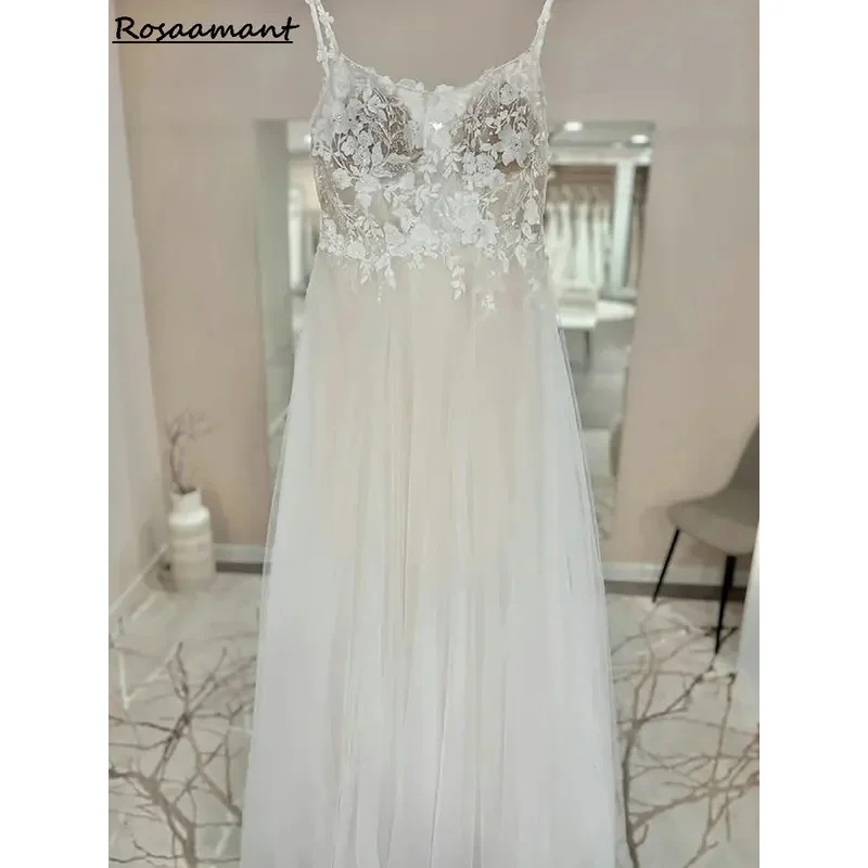 

Newest Illusion Spaghetti Straps A-Line Wedding Dresses Sleeveless Appliques Lace Country Bridal Gowns