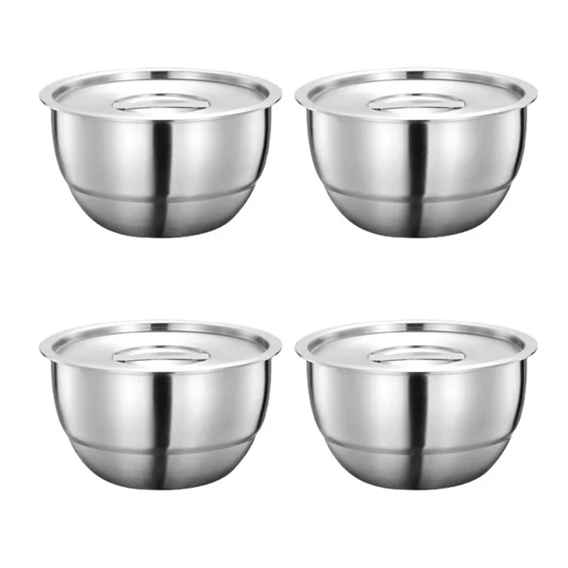 

CQMF-304 Stainless Steel Rice Bowl Set With Lids - 4Pcs Thickened Anti-Scald Soup Bowls Kitchen Tableware