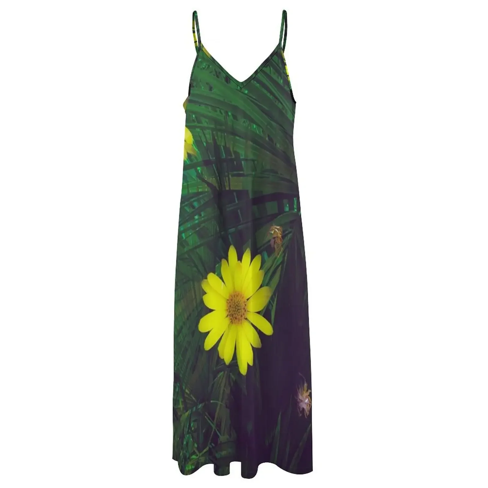 Fleurs jaunes en fleurs avec fond de feuilles de palmier vertes robe sans manches robes de bal 2025 robes de soirée robe