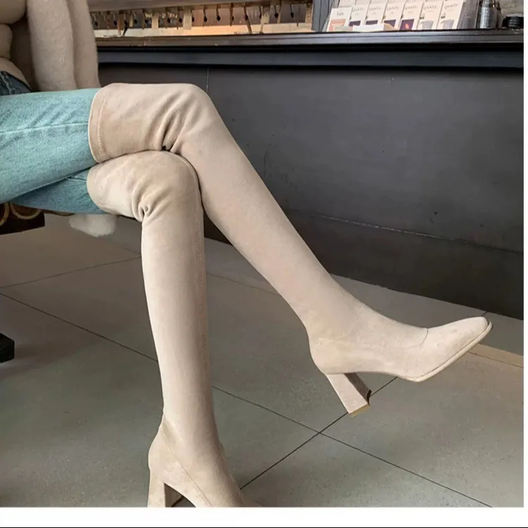New Early Autumn Over-the-Knee Boots, Square Toe, Chunky High Heels, Popular Slim Fit, High Shaft Stretch Boots