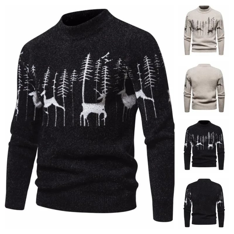 

Autumn and Winter New Mohair Men's Warm Casual Long-sleeved Pullover Sweater Christmas Deer Jacquard Sweater Knit Sweater