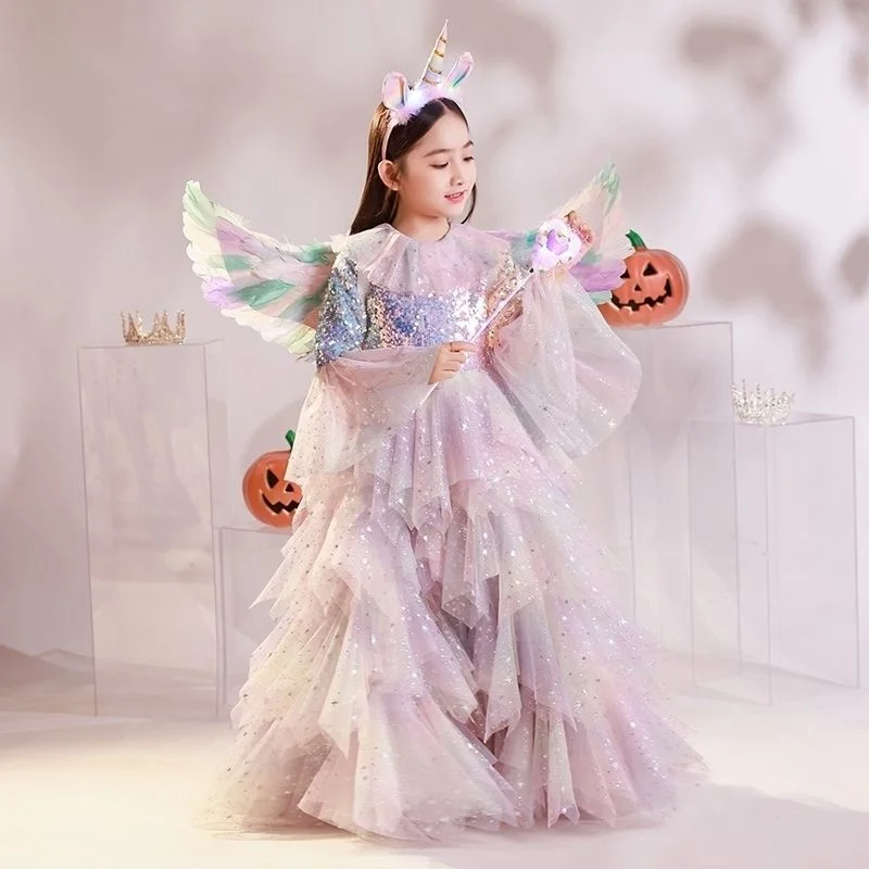 Traje de halloween crianças lantejoulas vestido de princesa meninas cos bruxa papel jogar vestido de festa mostrar