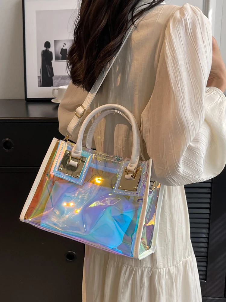 

Transparent Jelly Women's Tote Bag Large Capaci Summer Crossbody New 2025 Laser Handbag Mother Bag Faionable Commuter Sle