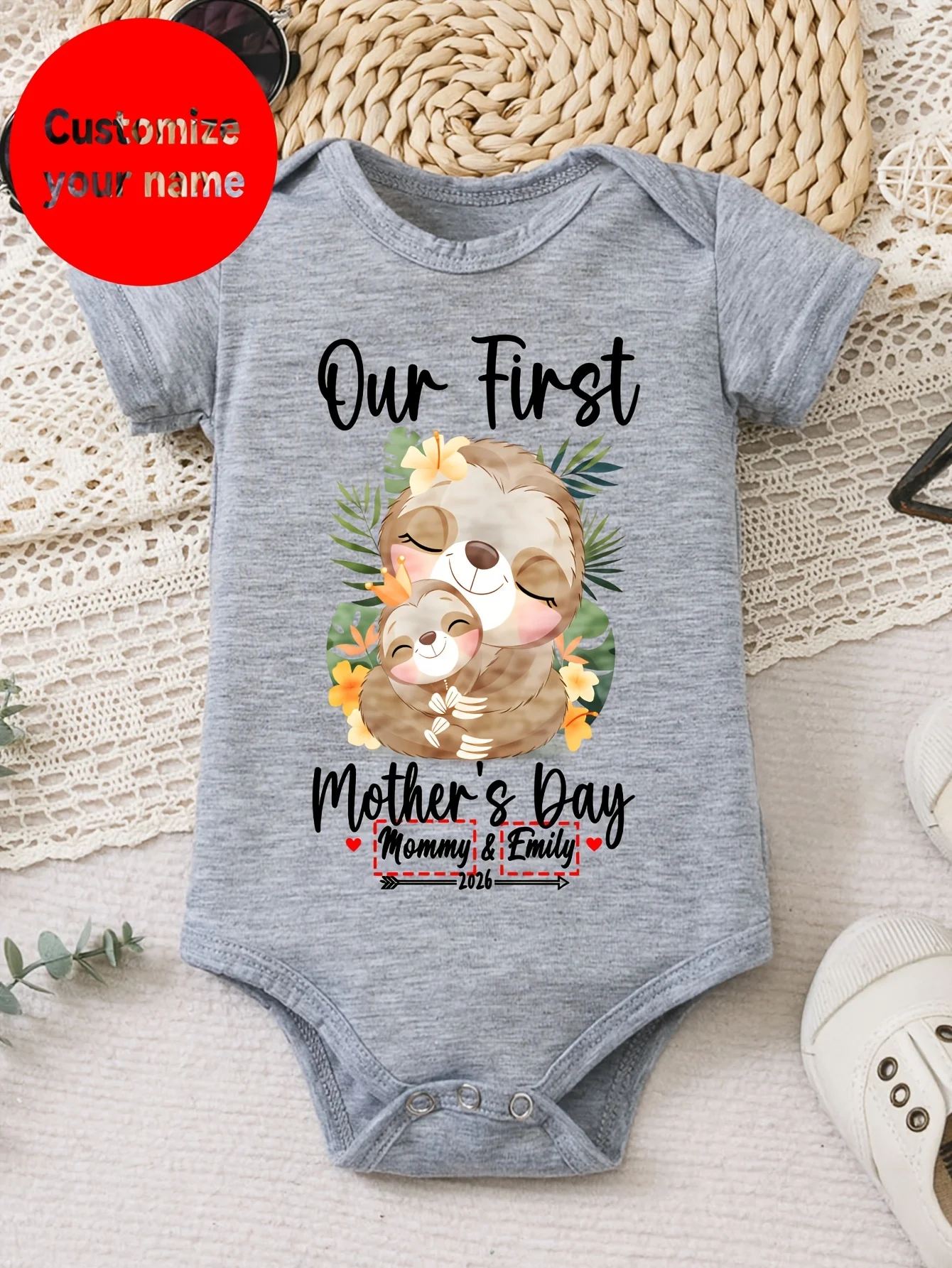 Mother S Day Baby Jumpsuit Name Customization Sloth Mom Holding Sloth Pattern Printed Fashionable Comfortable Triangle Jumpsuit