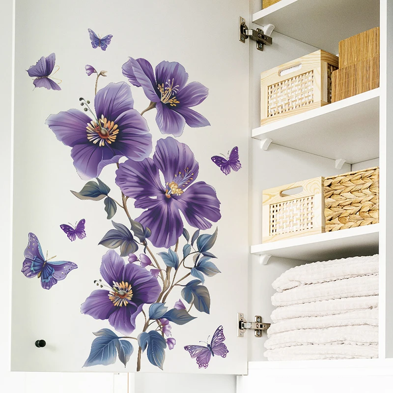 Purple Flowers Butterfly Wall Stickers Living Room Bedroom Background Decor Mural Self-adhesive Wall Decals