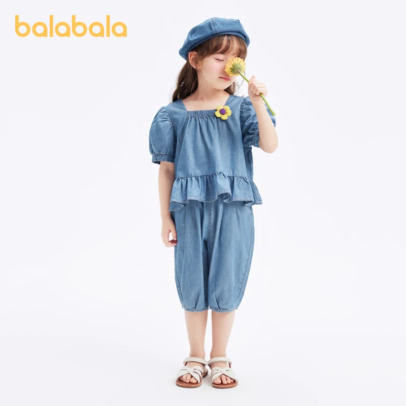 Balabala Children Clothing Baby Short Sleeve Set Girls Outfit 2024 Summer New Children Denim Pants Sweet and Artistic