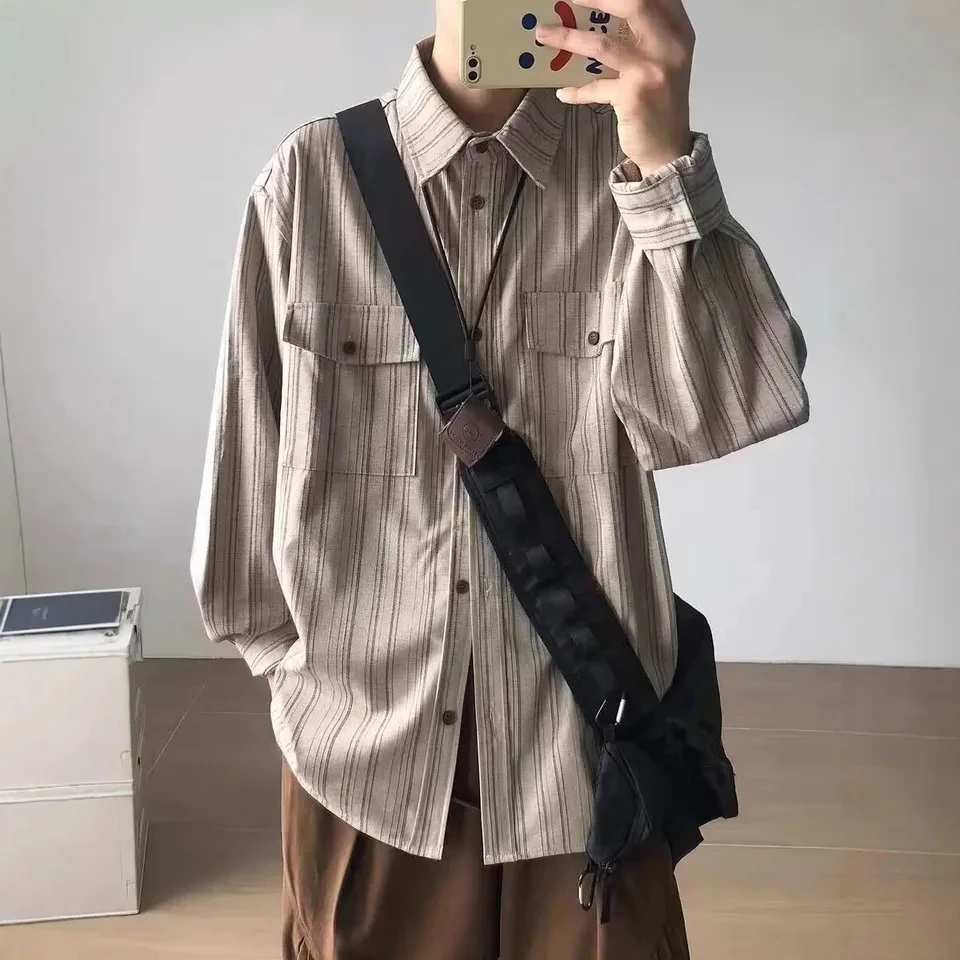 2025 Spring Autumn New Vintage Striped Work Shirt Unisex Loose Multi Pocket Long Sleeve Versatile Casual Outerwear