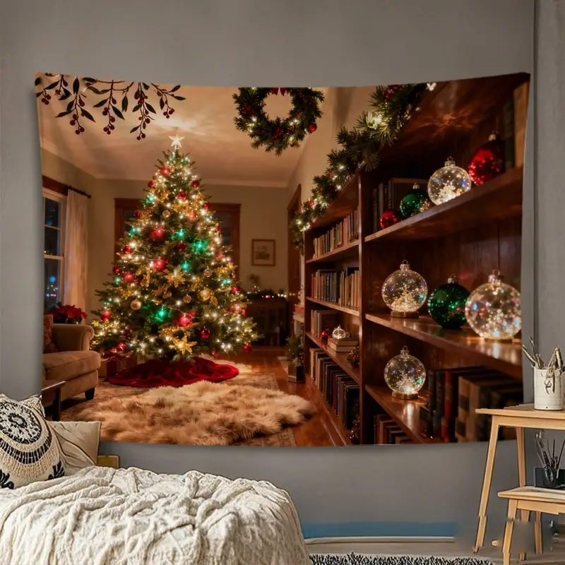 VIKAMA Wall Tapestry Christmas Study Room Tree Bookshelf Ornament Wreath Wall Hanging Dorm Room Aesthetic Xmas Wall Art Festive