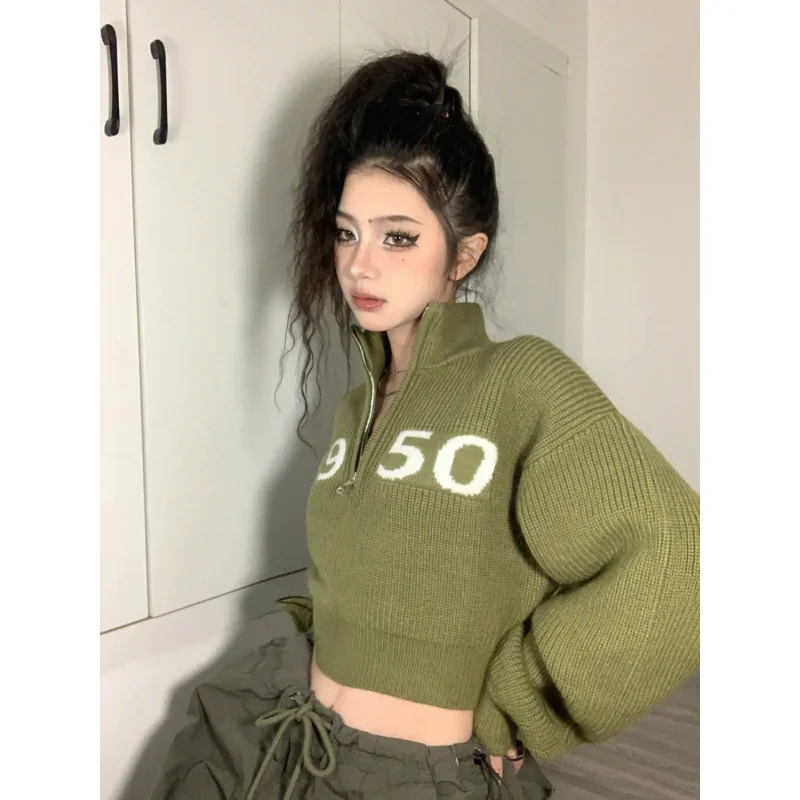 Deeptown Hippie Y2k Green Crop Sweater Women Harajuku Kpop Gyaru Oversize Zip Letter Knit Top Grunge Vintage Jerseys Jumper