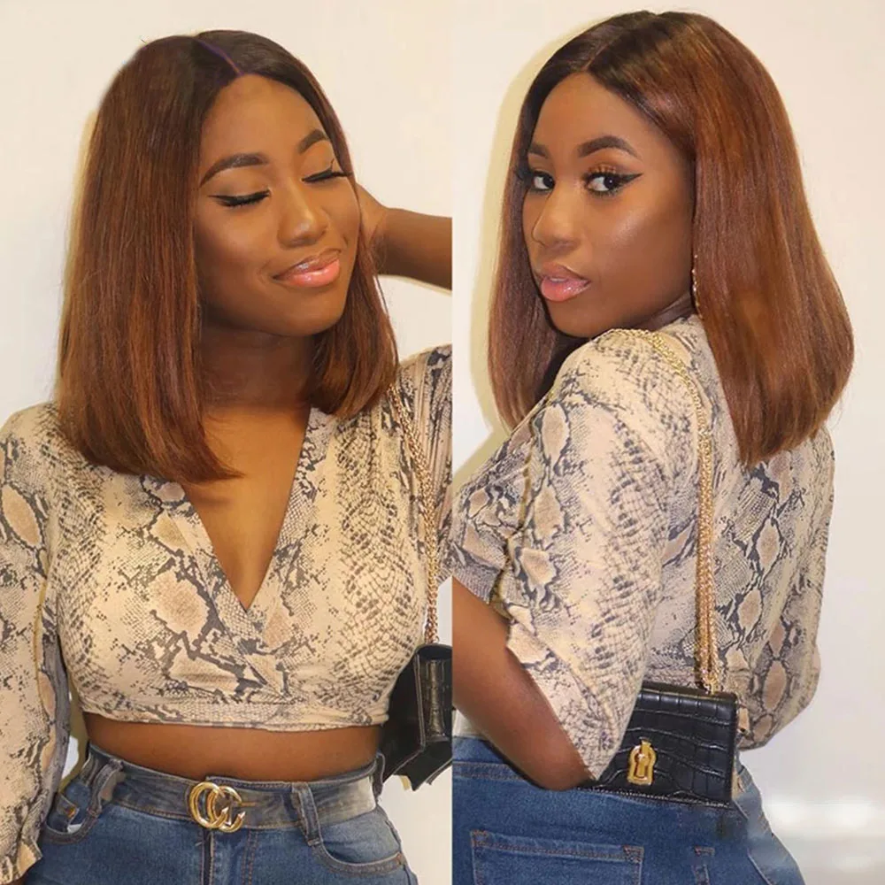 Ombre Коричневый Бесклеевой Парик 180 Плотность Короткий Боб Прямой Парик Фронта Шнурка Для Чернокожих Женщин С Волосами Младенца Предварительно Сорванные Натуральные Волосы