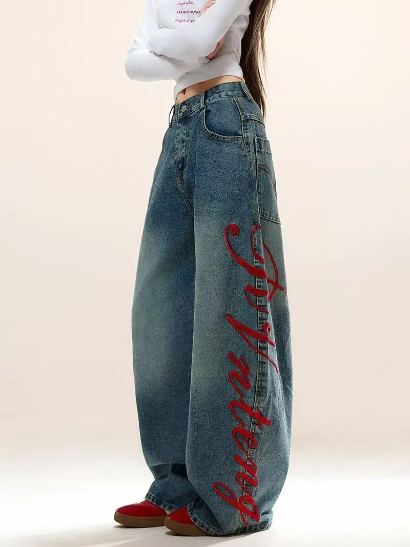 

America Retro Embroidery Jeans for Women Wide Leg Baggy Pants Streetwear Y2k Pants Hip Pop Dancing Denim Jeans Women Clothing