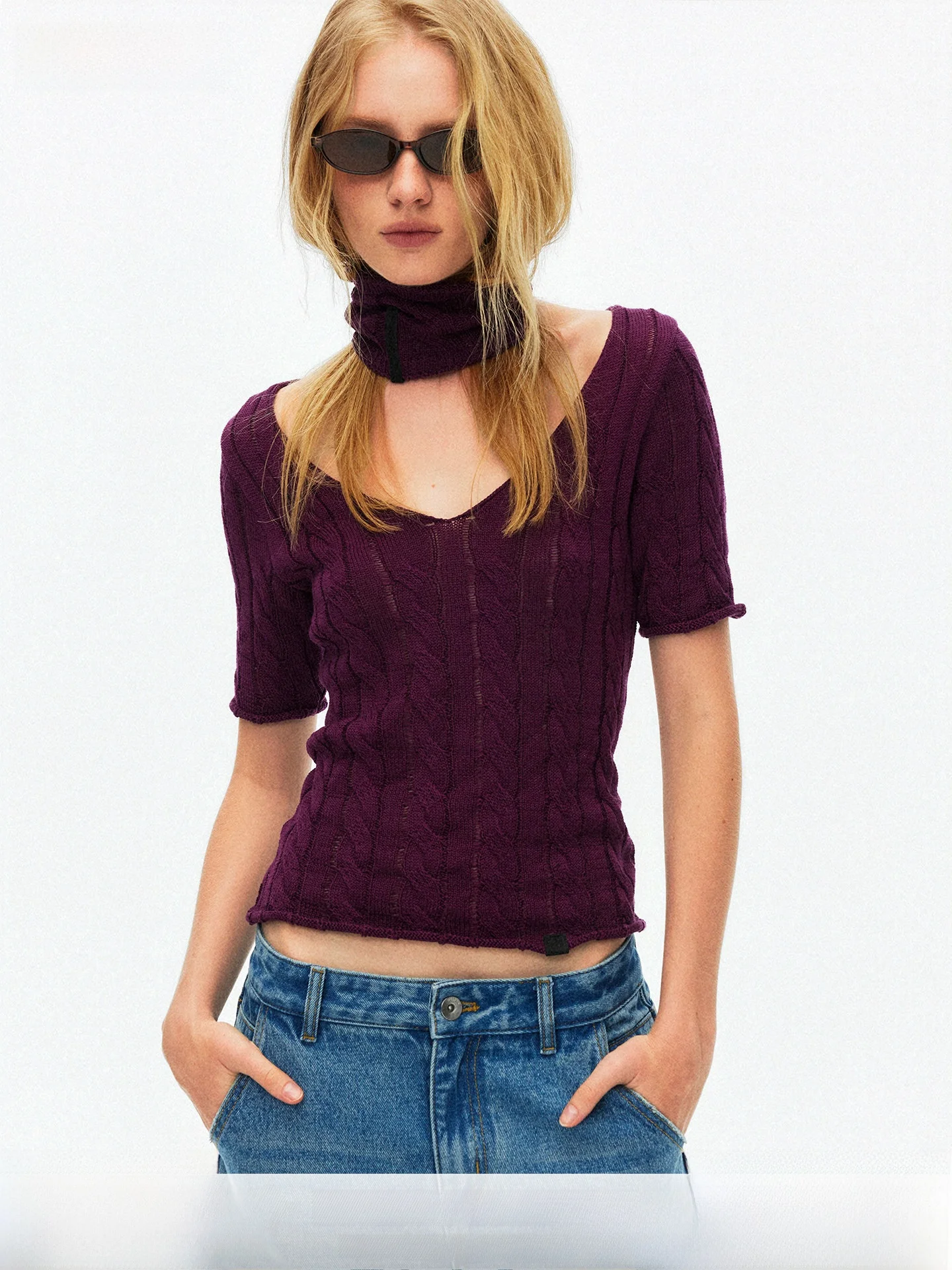

SaltHe Women's Knitted V-Neck Pullover Hollow out Floral Design Breathable Comfortable Cotton Blend Summer Top