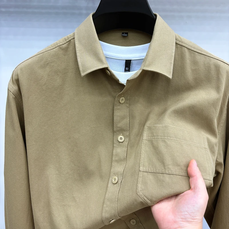 

cotton% men's autumn high quality workwear shirt solid color lapel long sleeves pocket t-shirt leisure fashion men clothing tops