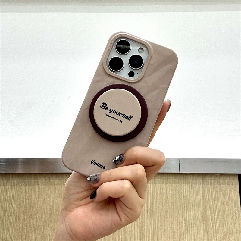 

Fashion Simple Khaki Magnetic Phone Case For iPhone 17 Pro 15 16 14 Pro Max Cover with Holder Shockproof Cases For Magsafe Cute