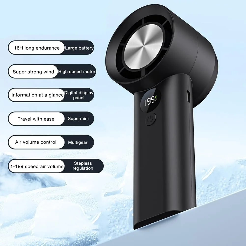 

Портативный перезаряжаемый ручной вентилятор с LED-дисплеем, турбо-режимом, безлопастной, с высоким воздушным потоком, USB, для лета, путешествий, пляжа