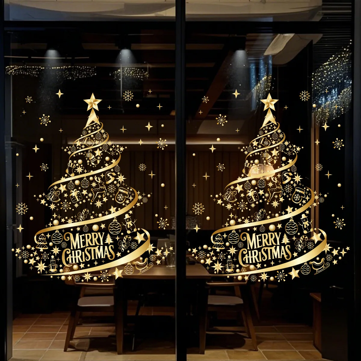 Autocollant de noël en PVC doré, autocollant de fenêtre statique imprimé Double face, autocollant décoratif d'ambiance de noël en verre familial