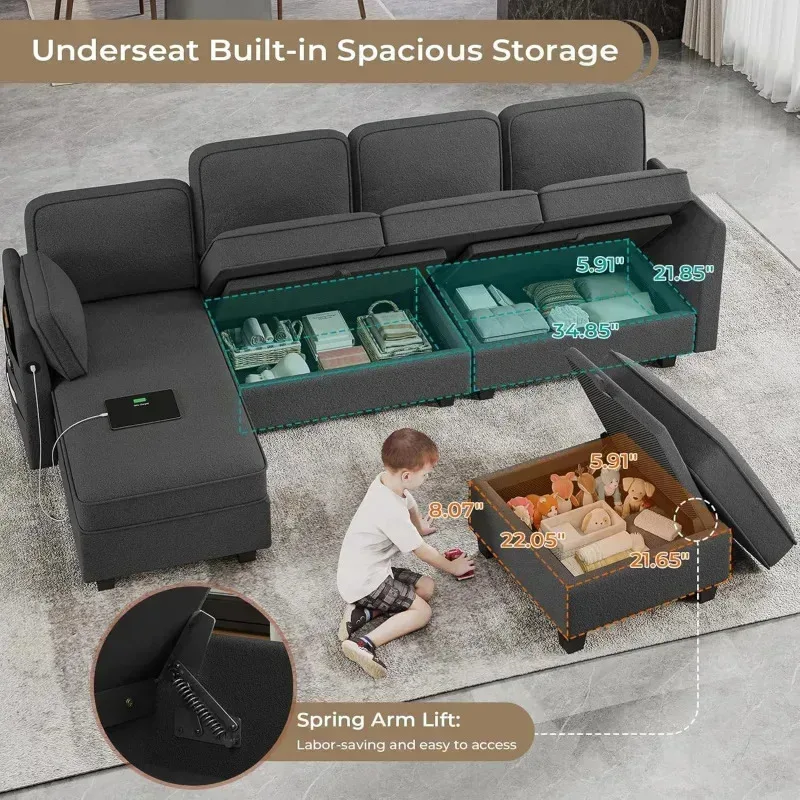 QAZ8-Hait 113''Sectional Sofa with Storage Seats.U Shaped Convertible Sofa Couch with Large Reversible Chaise.Comfy Chenille Sof