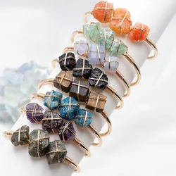 Reiki Natural Stone Cuff Bracelets Women Wire Wrapped Irregular Ore Rock Amethysts Kyanites Blue Purple Crystal Healing Bangle
