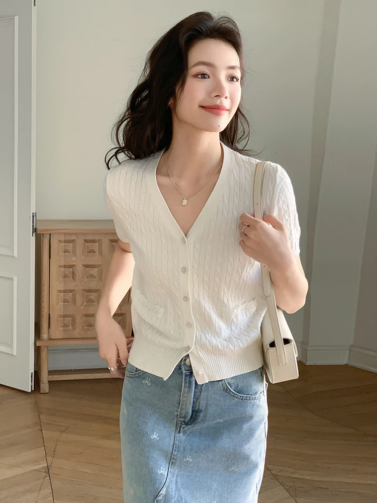 Summer Design V-Ne ort Sve Cardigan aperto Top lavorato a maglia con giunture in pizzo sottile Parte superiore del corpo slim fit bianca premium da donna