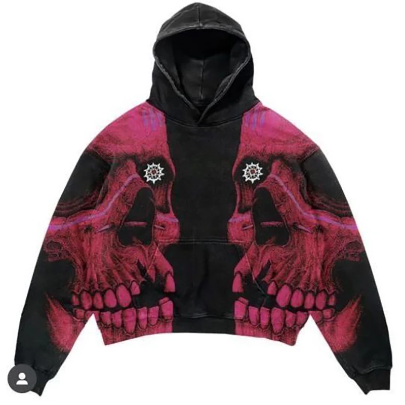 Scary Skeleton Print Men Long Sleeve Hooded Sweatshirts Pocket Autumn Winter Grunge Street Fashion Oversized Clothing Halloween
