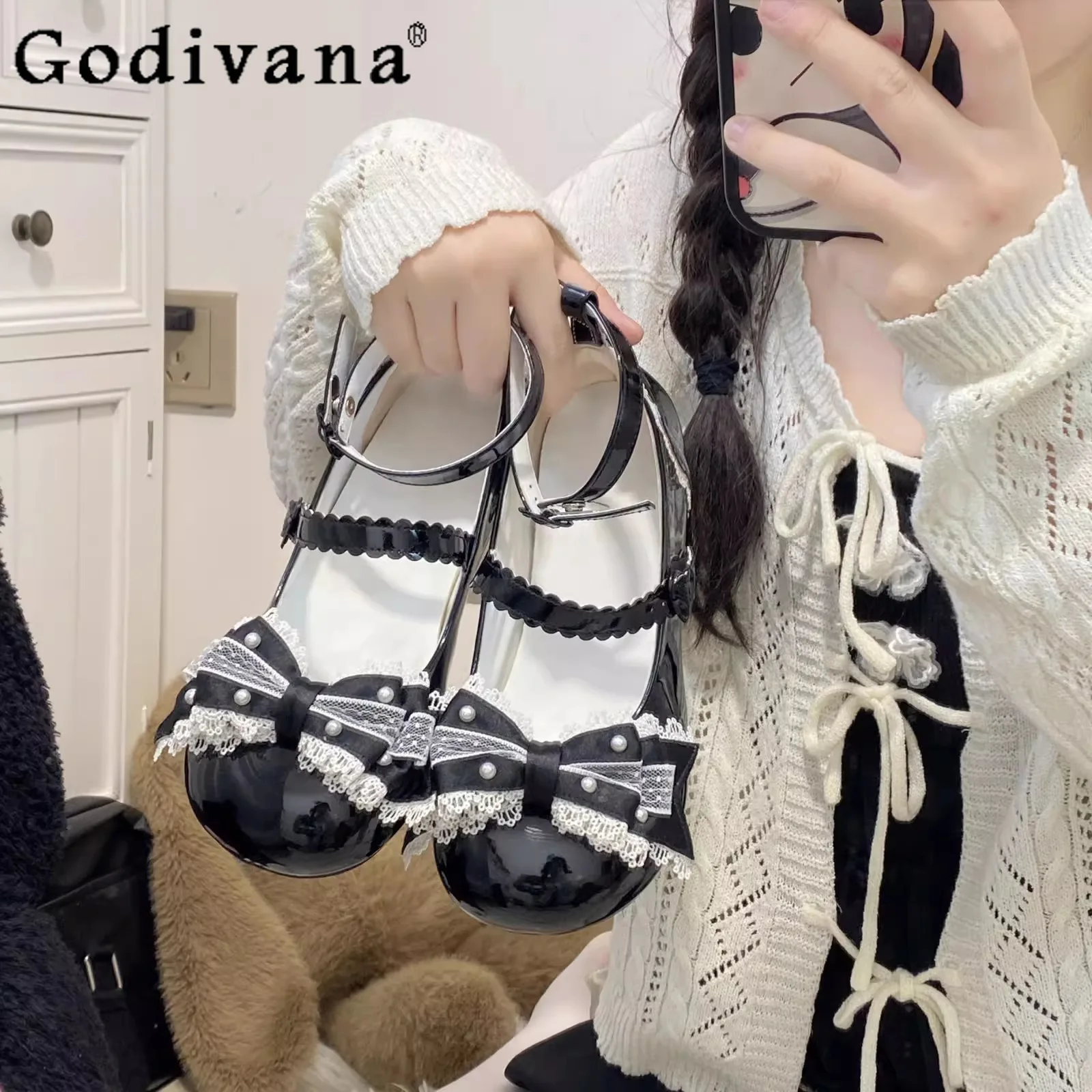 

Sweet Girl Doll Japanese Original Lolita Lace Bow High Heels Round Head Thick Heels Student Fashion Versatile Single Shoes
