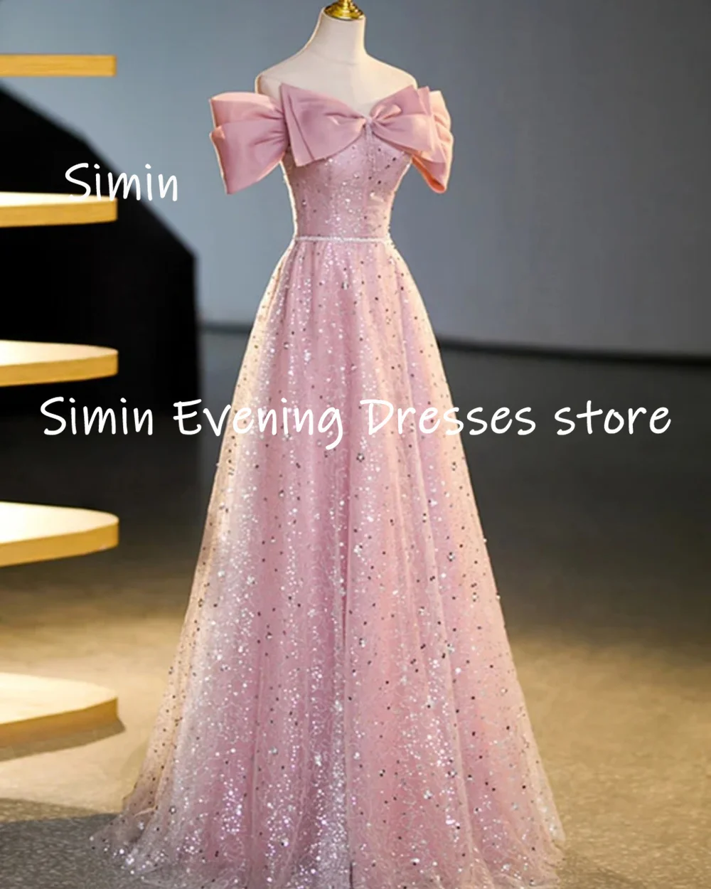 Simin Tulle A라인 오프숄더 넥라인 포멀 무도회 가운, 바닥 길이, 우아한 이브닝 파티 드레스, 여성 2023