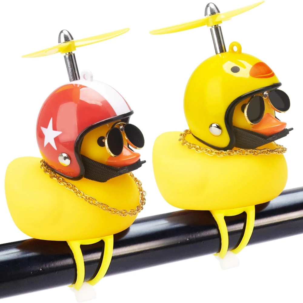 Rubber Duck Bicycber  Car Ornaments Yellow Duck Dashboard Decorations Squeeze Duck Bicycle  Horns with Propeller Helmet Straps