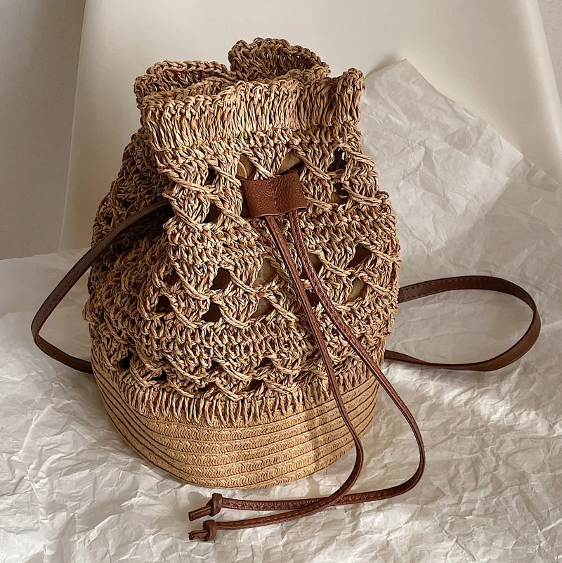 Handmade Women\'s Backpack Summer Straw Beach Bag Woven Hollow Drawstring Shoulder Bags Bohemian Knitted Fashion Female Backpacks